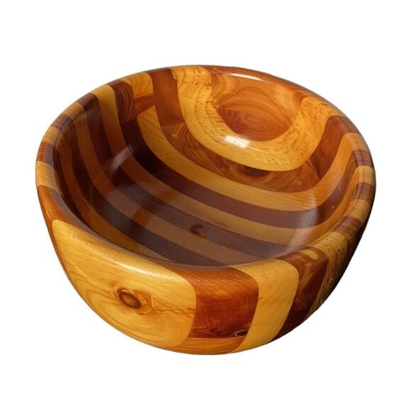 Handmade in Maine Maple and Cherry Wood Striped Wooden Serving Bowl - Picture 1 of 10